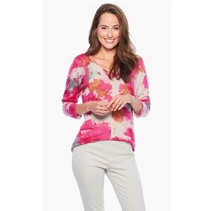 Nic+Zoe Sunset Blooms Sweater M Linen Blend V-Neck Pullover Watercolor Top
